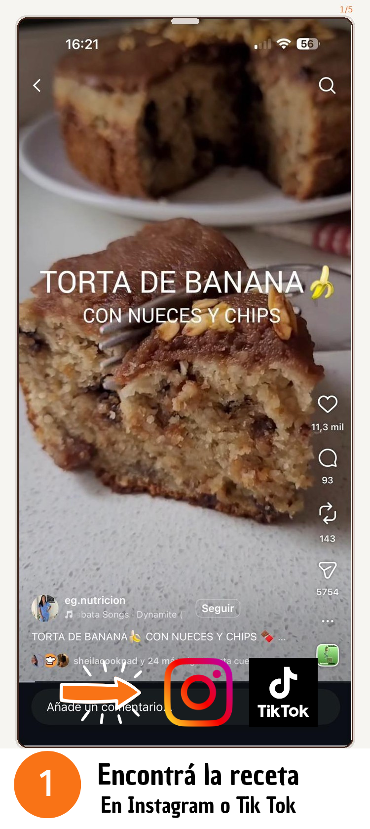 Paso 1 para guardar recetas de Instagram y TikTok en Cookpad: encontrar el video de la receta en la app 📁