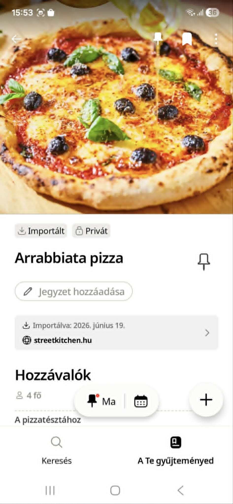 Cookpad importált recept nézete: Arrabbiata pizza — streetkitchen.hu forráslink és importálás dátuma látható, hozzávalók listájával — Magyarország