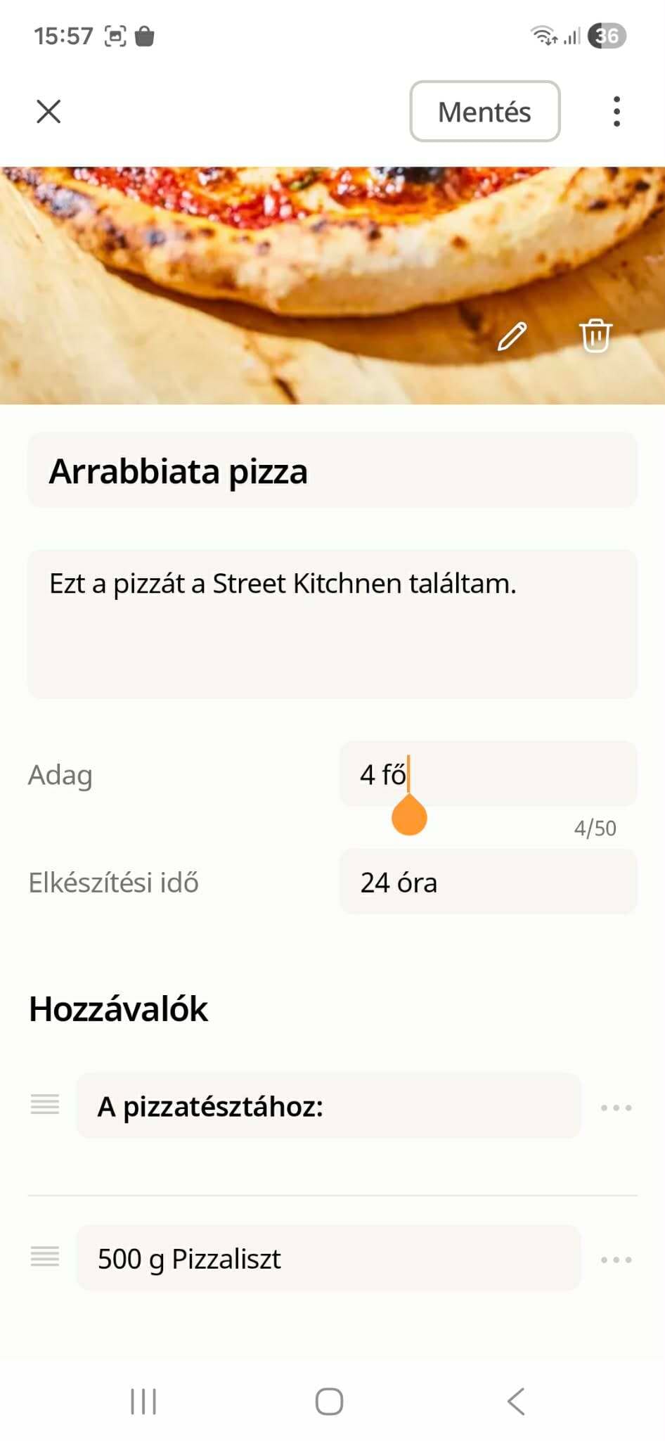 Cookpad recept szerkesztési nézet: Arrabbiata pizza — cím, személyes jegyzet, adag és elkészítési idő szerkeszthető mezők láthatók az importált recepten, Magyarország