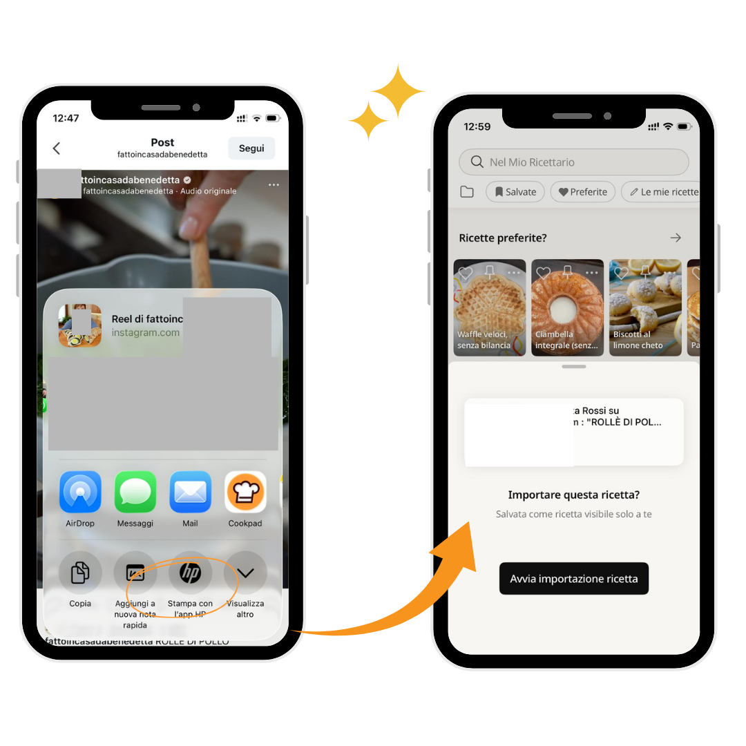 Passo 2: seleziona Cookpad dal menu di condivisione di iPhone e tocca Avvia importazione ricetta
