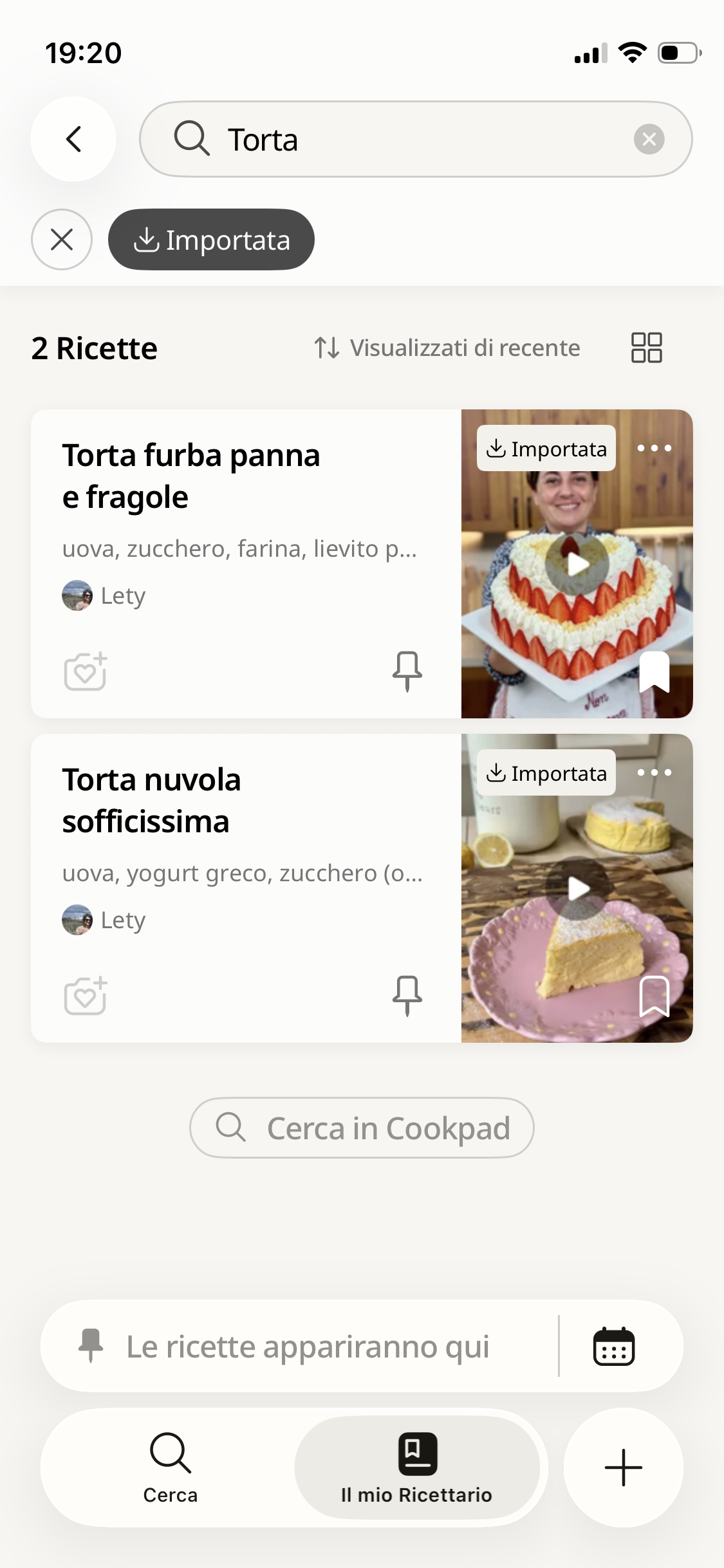Ricerca per ingrediente nel Ricettario personale Cookpad su cellulare