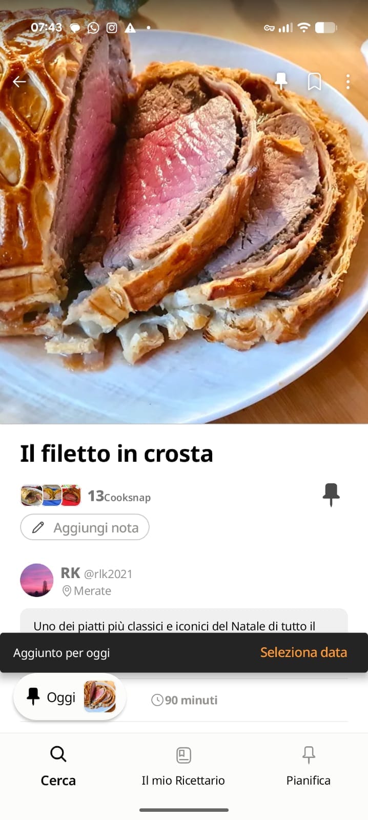 Aggiungere una ricetta al menù di oggi nell'app Cookpad con l'icona puntina