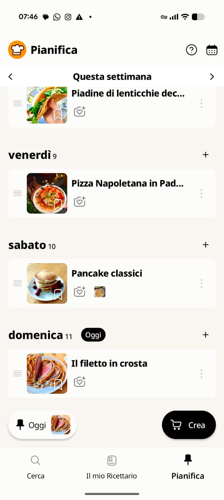 Menù settimanale nella sezione Pianifica dell'app Cookpad