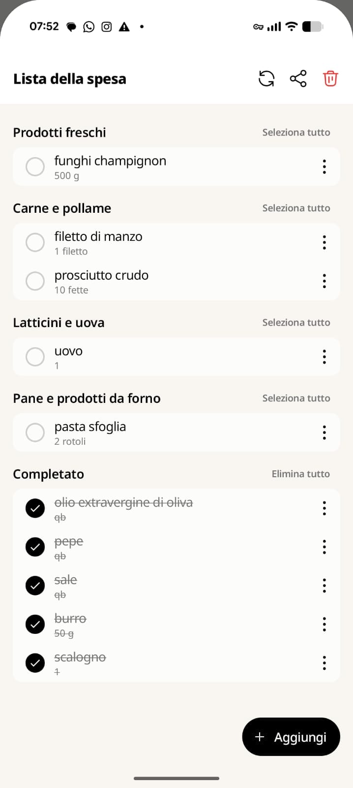 Lista della spesa divisa per reparto creata automaticamente da Cookpad