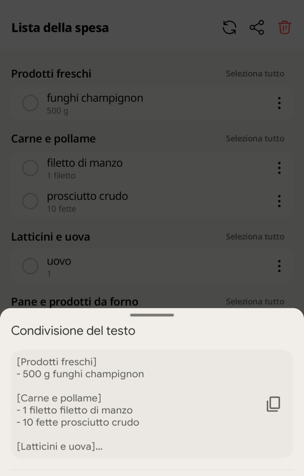 Ingredienti spuntati nella sezione Completato della lista della spesa Cookpad